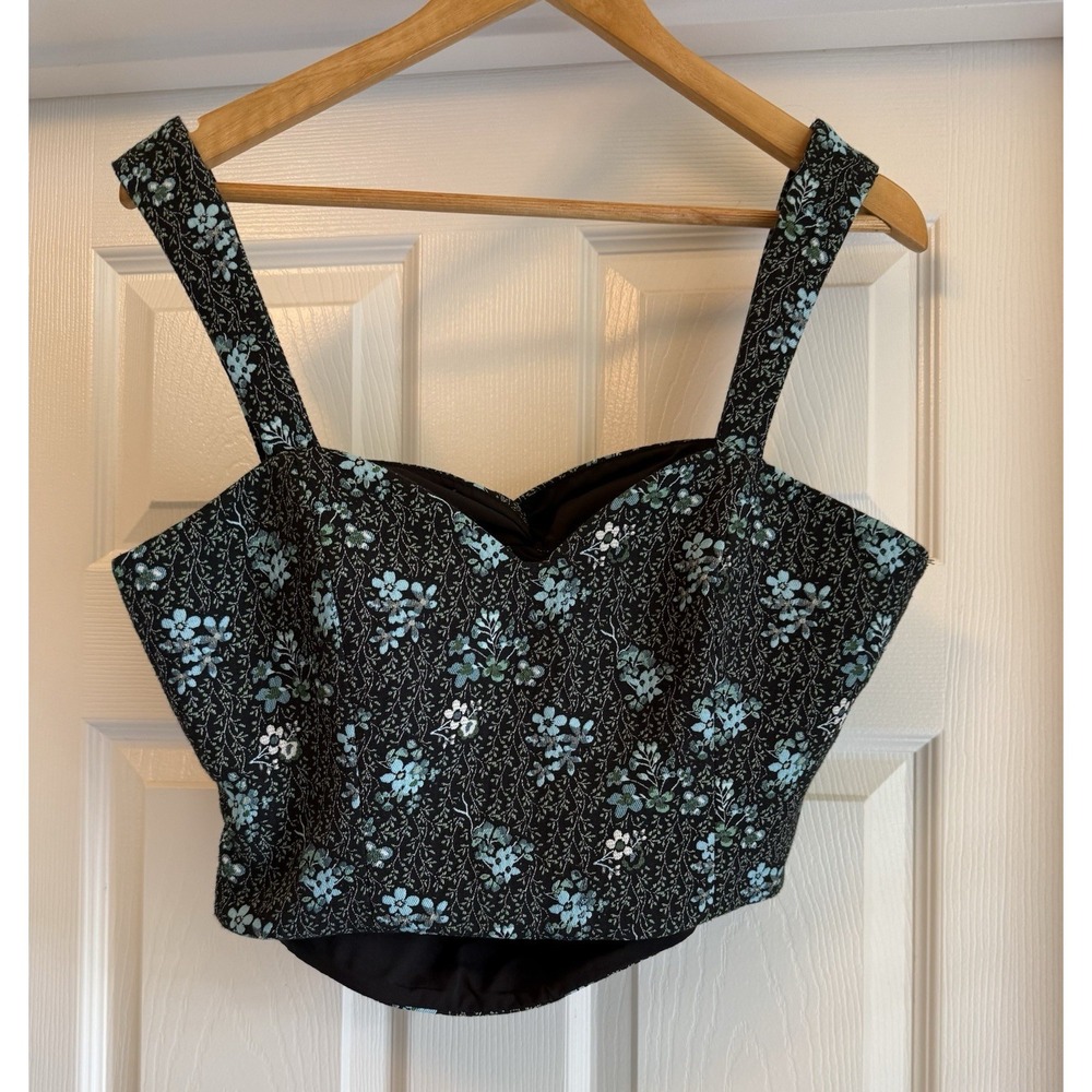 Sachin & Babi Crop Top Women 0 Black Blue Floral Brocade Back Cutout F21T04A